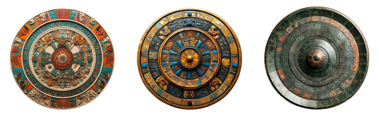 Obraz premium Three intricately designed ancient shields isolated on a transparent background