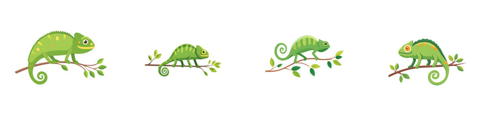 Naklejka premium Cartoon Chameleon Collection on Branches: Isolated Green Lizards