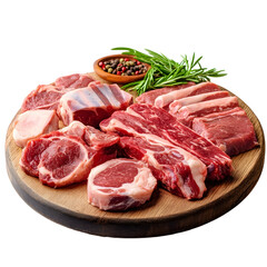 Fototapeta premium Fresh Variety of Raw Lamb and Beef Cuts on Wooden Board