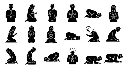 Vector Icons Set of Black Silhouette Illustrations of Muslim People Praying in Various Poses. Vector Illustrations. EPS Editable