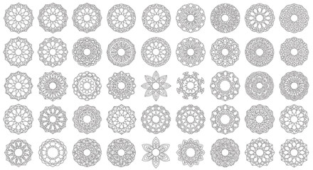 Vector Icons Set of Collection of 40 Grey Linear Mandala Designs Intricate Circular Patterns Geometric Ornament Islamic Art Style. Vector Illustrations. EPS Editable