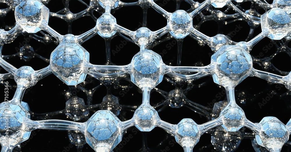 Aufkleber Hexagonal lattice structure. Shiny carbon atoms connected forming network. Dark background emphasizes crystalline pattern. Science illustration.
