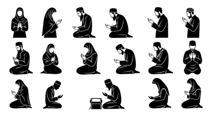 Vector Icons Set of Collection of Black Silhouettes Muslim Men and Women in Prayer Poses. Vector Illustrations. EPS Editable