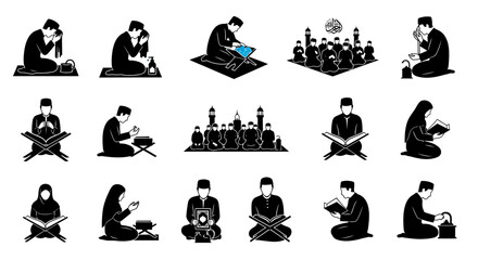 Vector Icons Set of Collection of Black Silhouettes Muslim Men and Women Performing Islamic Rituals and Prayers. Vector Illustrations. EPS Editable