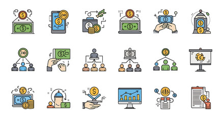 Vector Icons Set of Collection of Colorful Line Icons Illustrating Diverse Financial and Investment Concepts. Vector Illustrations. EPS Editable