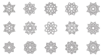 Vector Icons Set of Collection of Fifteen Intricate Gray Ornamental Mandala Designs on White Background. Vector Illustrations. EPS Editable