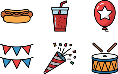 Six Flat Icons Celebration Party Hot Dog Drink Balloon Flags Party Popper Drum hotdog