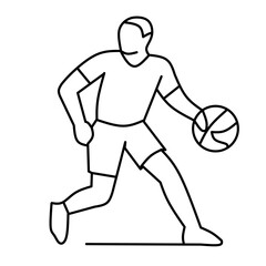 Simple line art vector of a basketball player dribbling the ball. Conveys action, sport, agility, and teamwork. Perfect for basketball-themed designs and illustrations of active lifestyles.

