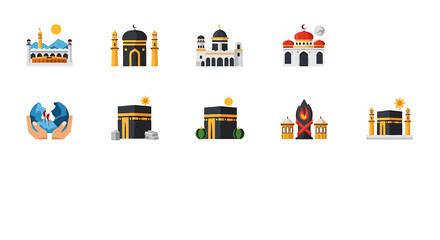 Vector Icons Set of Collection of Islamic Architectural Icons Mosques Kaaba and Symbolic Representations. Vector Illustrations. EPS Editable