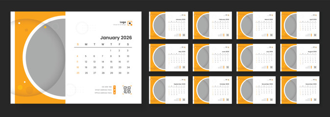 Modern new year 2026 desk calendar template. Calendar template for 2026 with week start on Sunday.