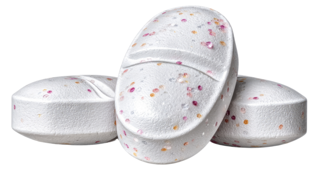 Three Medicine Tablets: Close-up shot of three white oval-shaped medicine tablets with small colorful specks, showcasing their texture and detail.