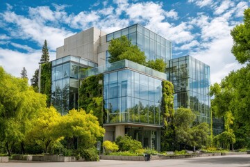 Obraz premium Modern glass building with green trees and blue sky in the background, showcasing sustainable architecture and eco friendly design