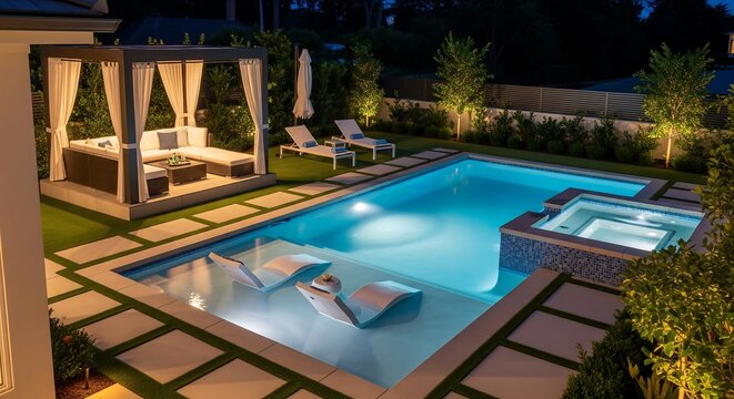 Luxurious backyard at night. Features a pool with in-water loungers, hot tub, cabana with seating, and lush landscaping. Lit elegantly for evening enjoyment.