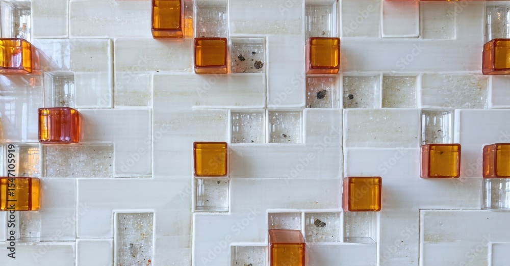 Poster Mosaic pattern features rectangular tiles. White base interspersed with orange glass squares. Texture appears glossy, clean, modern.