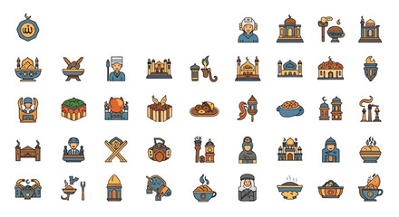 Vector Icons Set of Diverse Islamic Icon Set Mosques People Food and Symbols in Detailed Vector Graphics. Vector Illustrations. EPS Editable
