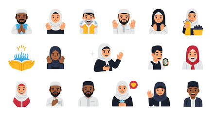 Vector Icons Set of Diverse Muslim People Cartoon Illustrations Praying Greeting and Daily Life Activities. Vector Illustrations. EPS Editable