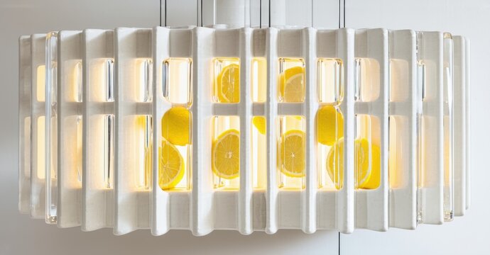 Modern chandelier features lemon slices within clear rectangular prisms. Bright illumination creates warm ambiance. Unique design element.