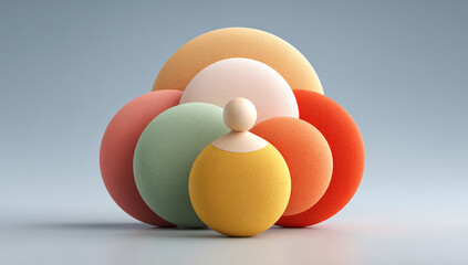 Abstract Colorful Sphere Composition Featuring Central Beige Figure Surrounded by Pastel Orange