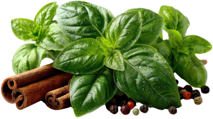Basil and Cinnamon Still Life: Fresh basil leaves paired with aromatic cinnamon sticks create a simple still life scene, bringing together the freshness of herb and the warmth of spice.