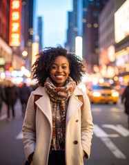 Black woman smiling brightly on a colorful NYC night street