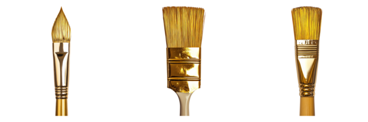 Isolated Paintbrushes with Golden Bristles on Transparent Background