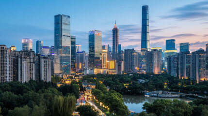 Fototapeta premium Aerial shot of a bustling metropolis night view and cityscape