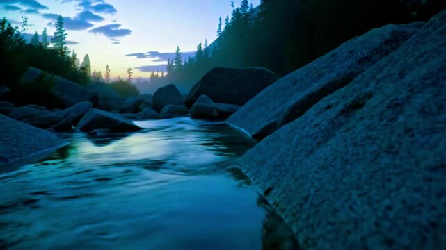 Misty alpine creek dawn &ndash; clear water weaving through granite slabs, soft pastel sky, clouds drifting, moss and lichened rock face static, mood mystical, cinematic textures, loopable seamless.