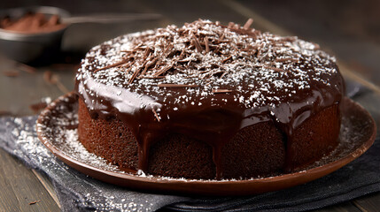 National Devil's Food Cake Day, a whole Devil's Food cake with a glossy chocolate coating and a sprinkling of grated chocolate on top. In the kitchen background. AI generated images.