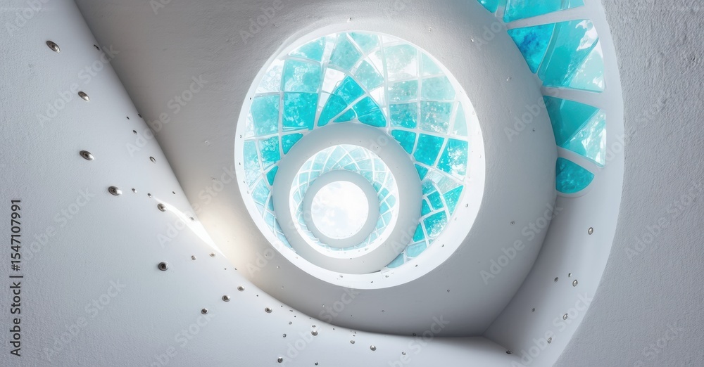 Poster spiral staircase interior. white walls, mosaic glass skylight. light streams down creating circular 