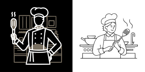 Professional Chef Cooking in Kitchen Illustration, Male and Female Figures, for Culinary Concepts, Restaurant Graphics, and Food Service Industry