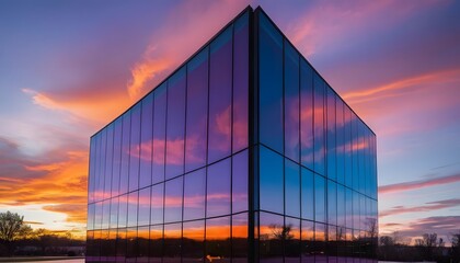 Obraz premium Modern Glass Building Reflecting Sunset. This stunning image of modern architecture captured during sunset highlights the beauty of urban spaces and contemporary design