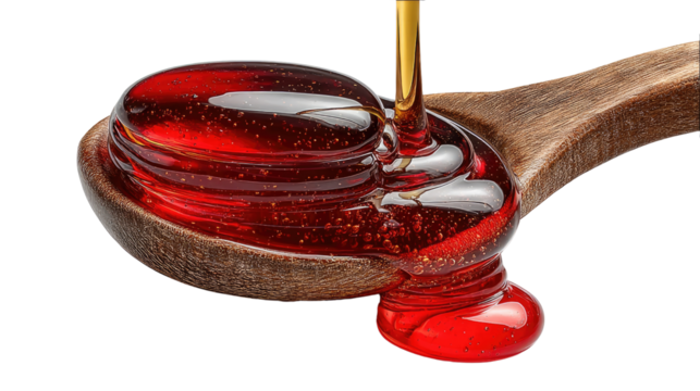 Golden Pour: Captivating moment of golden syrup cascading from a wooden spoon, symbolizing the richness and natural sweetness of a culinary delight. 