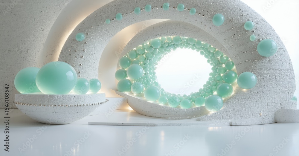 Poster minimalist scene. white structure holds pale blue spheres, creating abstract composition. soft light