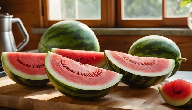 Sliced Watermelon on Wooden Cutting Board. This refreshing image captures the essence of summer and healthy eating, perfect for food-related content and vibrant lifestyle themes