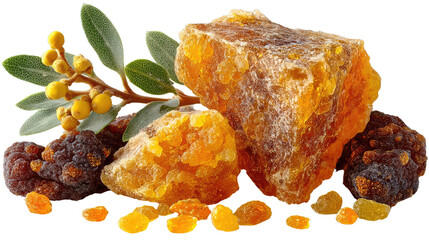Myrrh Resin and Plant: Aromatic amber myrrh resin pieces, accompanied by dark myrrh berries and fresh green sprigs.