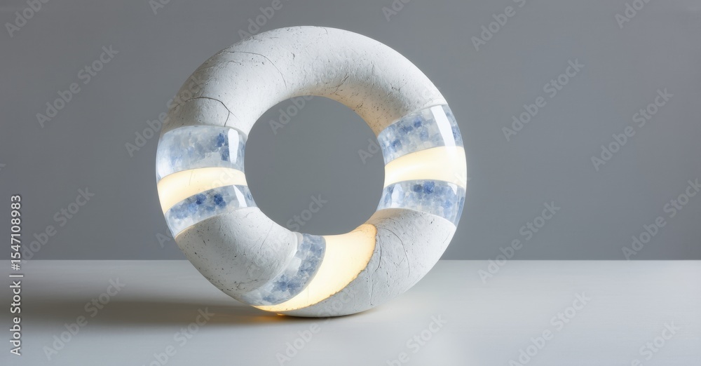 Poster Round object rests upon surface. White texture contrasts blue accents. Light emanates from within circular form, creating soft glow.