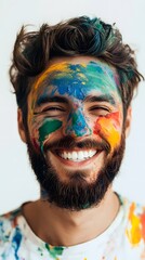 Obraz premium 36. A smiling artist with paint on face under white background