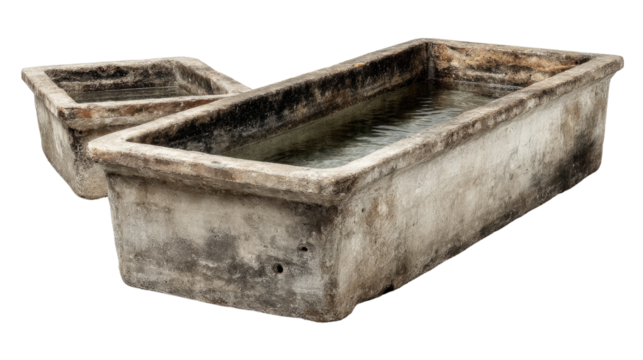 Rustic Troughs: Weathered troughs, remnants of a bygone era, stand side by side. The antique vessels speak volumes about simplicity, function, and endurance.