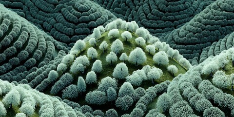 Intricate landscape rendering of hills covered in ordered, abstract growth resembling moss or trees