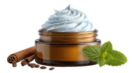 Aromatic Cream: An aesthetically pleasing image features a jar filled with creamy, swirled content, accompanied by hints of fresh mint and a cinnamon stick.