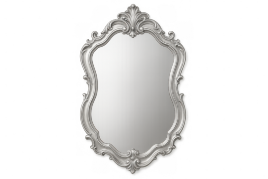 Silver rococo mirror reflecting light on a transparent background, perfect for interior design projects