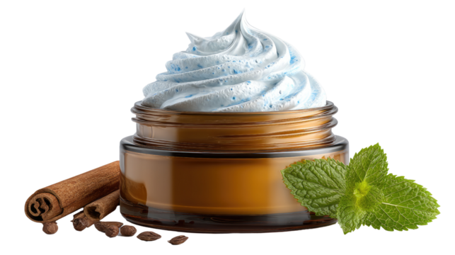 Aromatic Cream: An aesthetically pleasing image features a jar filled with creamy, swirled content, accompanied by hints of fresh mint and a cinnamon stick.