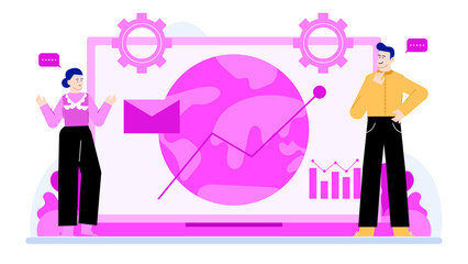 Laptop displays graphs and charts with people discussing data, perfect for business presentations, data analysis, and teamwork concepts.