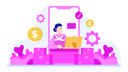 Illustration showcasing a woman multitasking with online orders and finances. Suitable for ecommerce blogs, financial websites, and business presentations.
