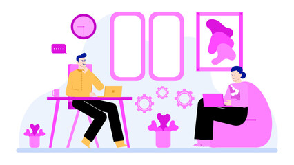Two people working on laptops in a vibrant pink office space, ideal for concepts like teamwork, modern workplaces, and technology.