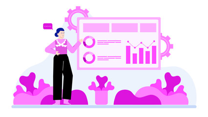 Woman presenting data charts and graphs, suitable for business presentations, marketing reports, financial analysis, educational content, and website designs.