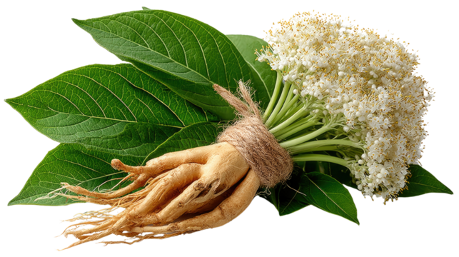Harmony of Nature's Bounty: A captivating still life showcasing fresh ginseng root and delicate blossoms intertwined with vibrant green leaves, a symbol of natural wellness.
