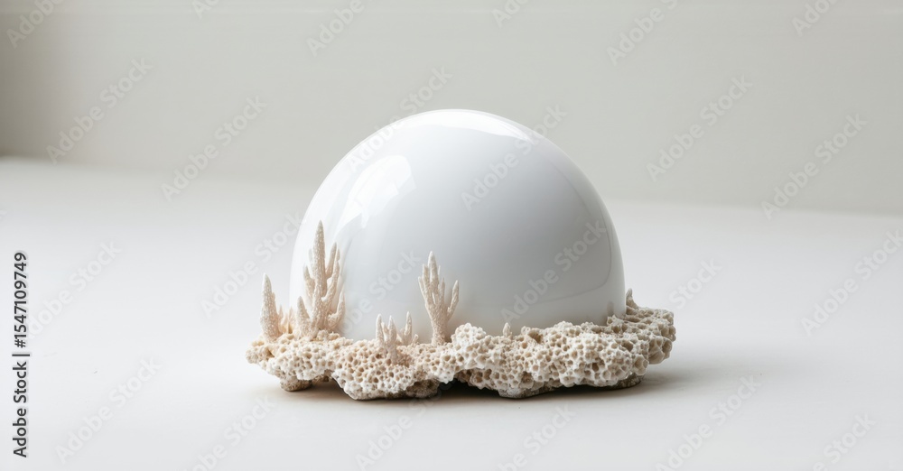 Poster white sphere rests upon textured coral base. minimalist composition, soft lighting, neutral backgrou