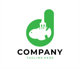 Food logo design that combines the letter d with a fish and fork, using the color green.