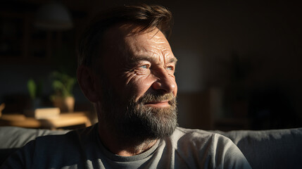 Happy man smiling at home, warm and relaxed vibe